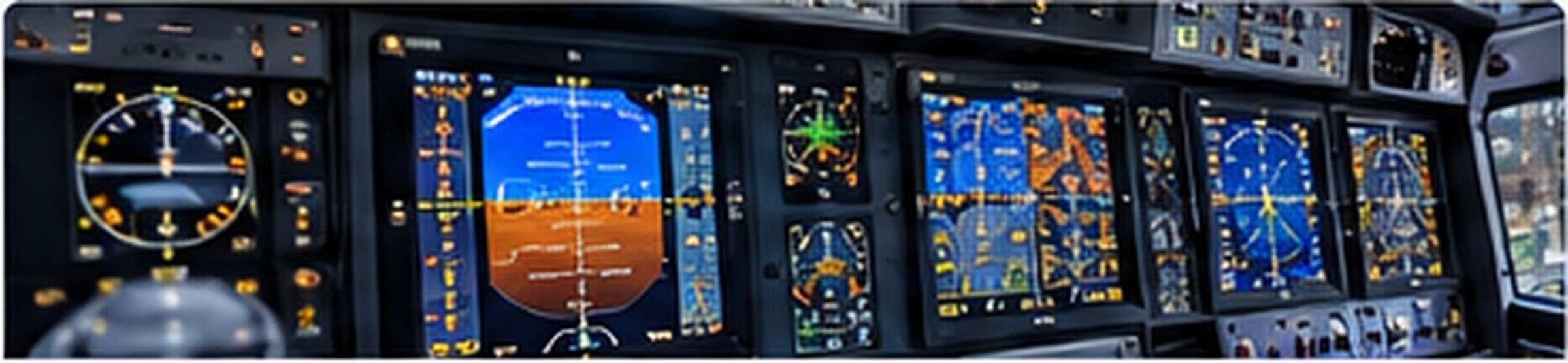 Aircraft cockpit avionics displays, navigation screens and flight instruments